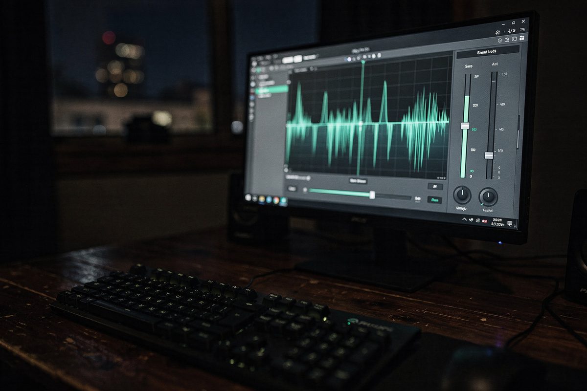 A desktop monitor at night showing a real-time voice changer waveform and pitch control interface