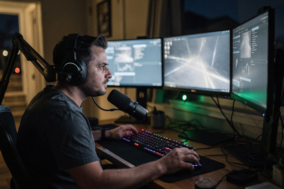 A streamer at a multi-monitor battlestation wearing a headset with a boom microphone nearby